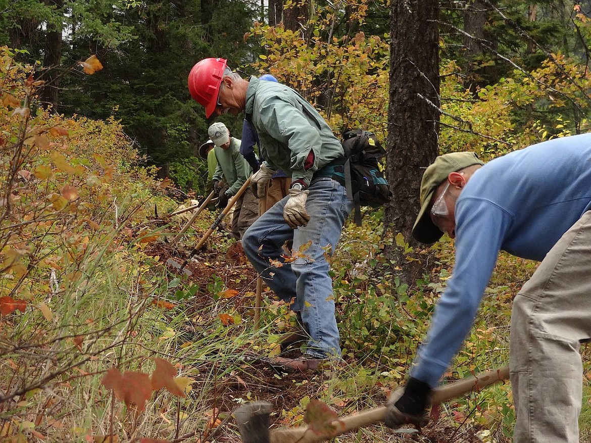 (Courtesy photo)
In celebration of National Public Lands Day, crews from the Sandpoint Ranger District of the Idaho Panhandle National Forests, Friends of Scotchman Peaks Wilderness and the National Forest Foundation work to complete the final stretch of the Scotchman Peak Trail reroute.