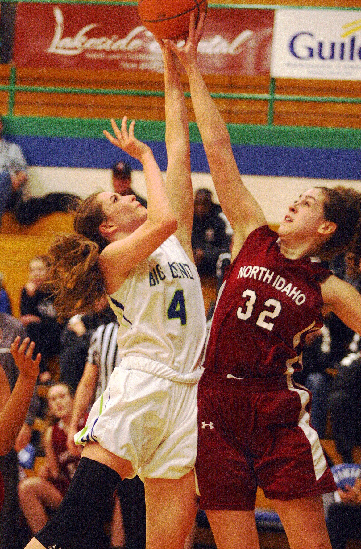 Rodney Harwood/Columbia Basin HeraldNorth Idaho College forward Gia Sorn (32) blocks the shot of Hailey Garrity as the 5-foot-11 freshman from Big Bend College drives the lane in the second quarter of Wednesday's NWACC game.