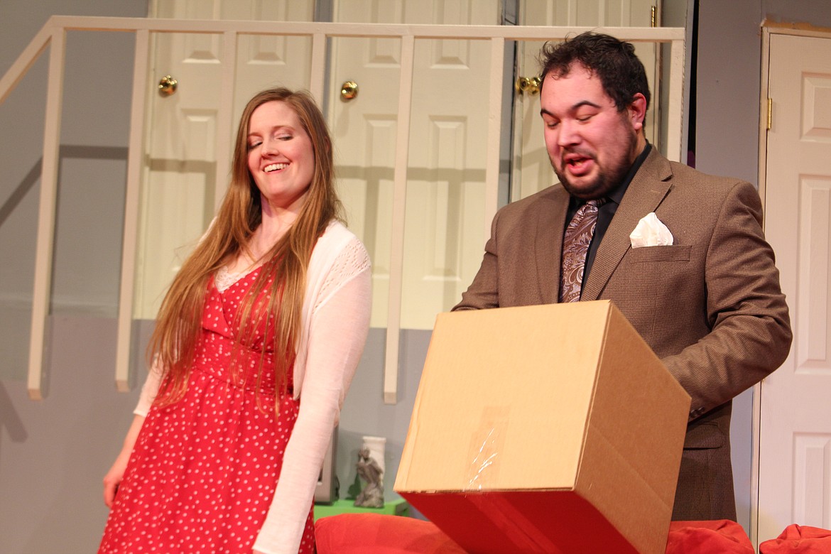 Cheryl Schweizer/Columbia Basin Herald
Characters played by Belinda (Jamie Cordell, left) and Freddy (Jesse Huntwork) are going to sneak off for a little fun in the Masquers production of &#145;Noises Off,&#146; opening Friday.