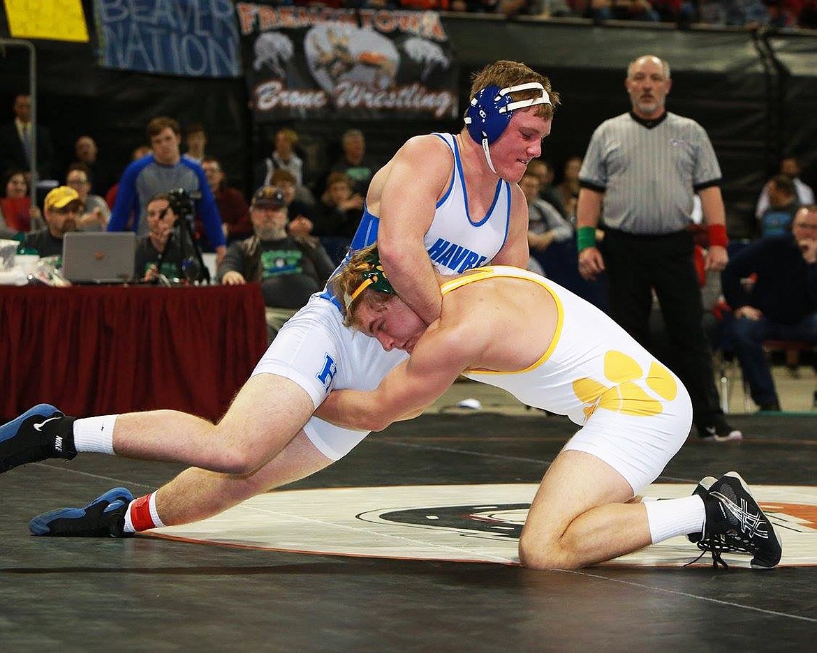 Travis Catina wrestles Havre&#146;s Jase Stokes in the 205 championship at the Class A State Wrestling Tournament Saturday. (Photo courtesy Cate Catina)