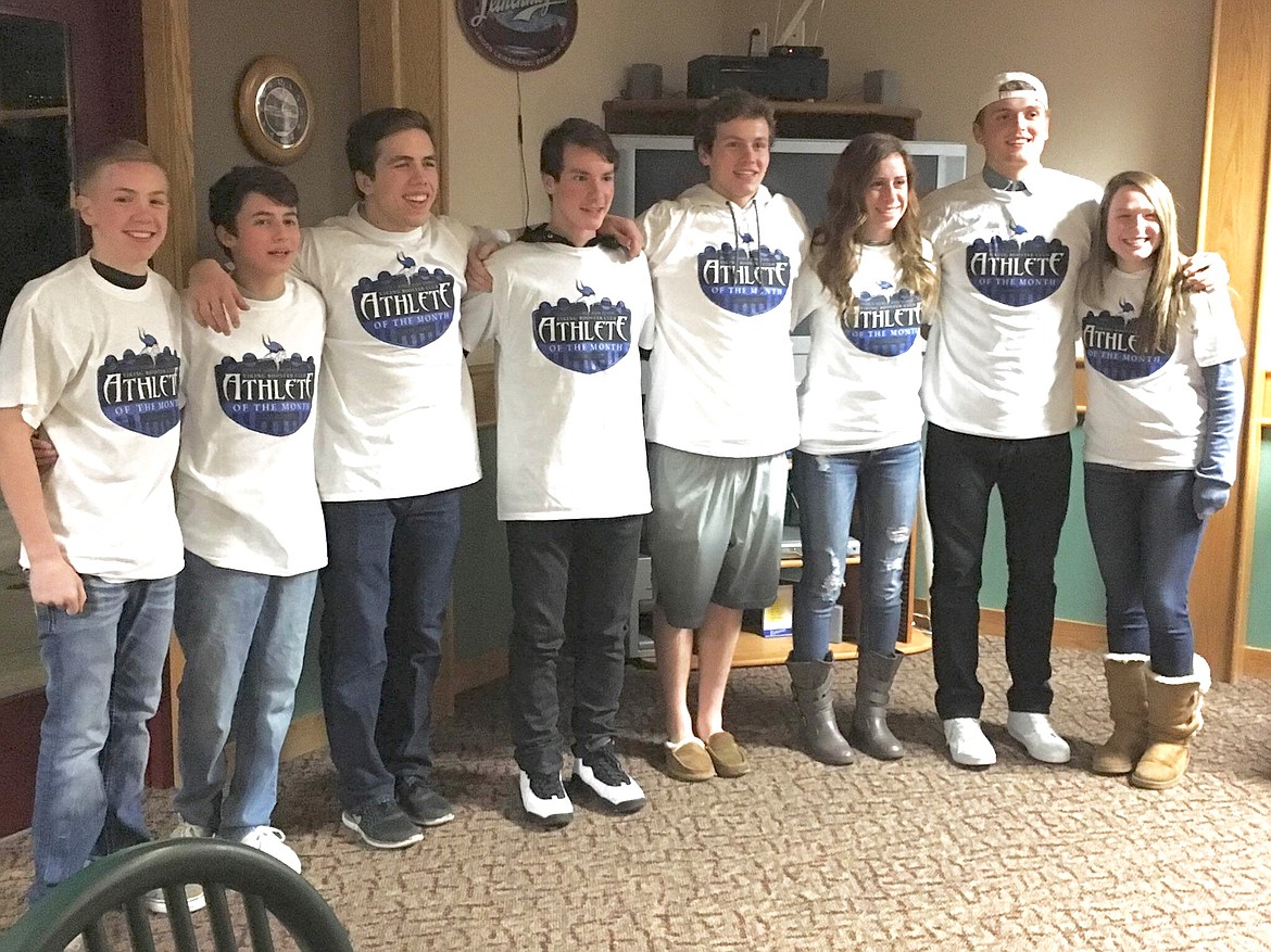 Courtesy photo
Coeur d&#146;Alene High recently honored its Athletes of the Month from December and January. From left are Hunter Schueller (wrestling, January), Dom Jessos (wrestling, January), Casey Randles (wrestling, December), Justin Kofmehl (boys basketball, January), Sam Matheson (boys basketball, December), Kayla Fagan (girls basketball, December), Joey Naccarato (boys basketball, December) and Taryn Horvath (girls basketball, January).