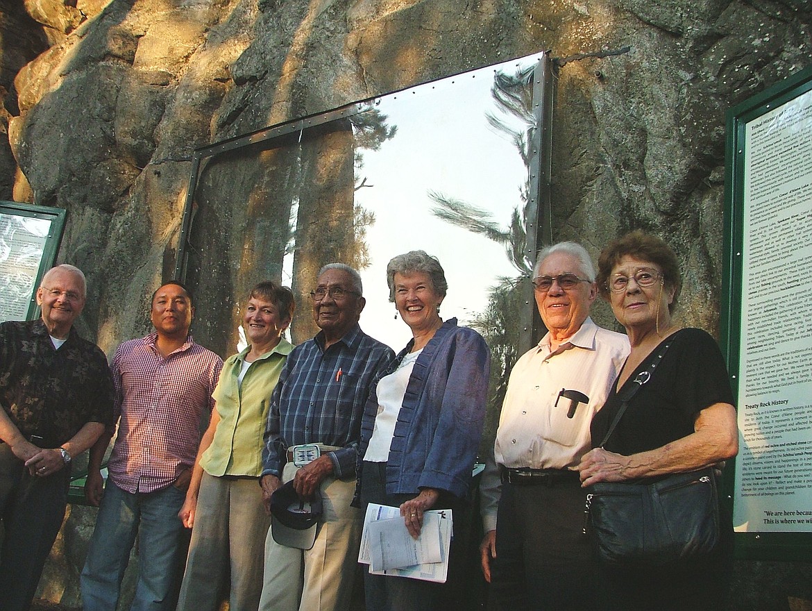 KERRI THORESON/For the Press
An esteemed group&#160;gathered at Treaty Rock Park in Post Falls in 2012 for the unveiling of three new informational signs at the historical landmark. Pictured from left are: former Mayor Clay Larkin, Quanah Matheson-Coeur d'Alene Tribe Cultural Director, Kim Brown-Post Falls Historical Society, the late Felix Aripa-Coeur d'Alene Tribal elder, Judy Meyer-Idaho State Historical Society Trustee, Bob and Mary Templin-Post Falls Historical Society. Bob Templin died on Tuesday at 93 at Hospice House.