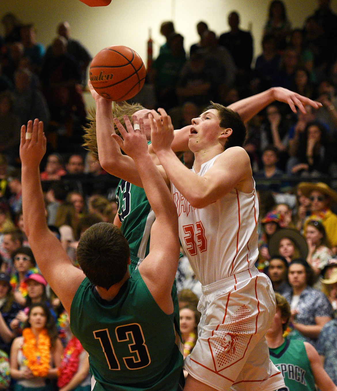 Flathead post Sam Elliott puts up a shot during the second quarter of the Braves' 57-53 win over Glacier at Flathead on Thursday. (Aaric Bryan/Daily Inter Lake)