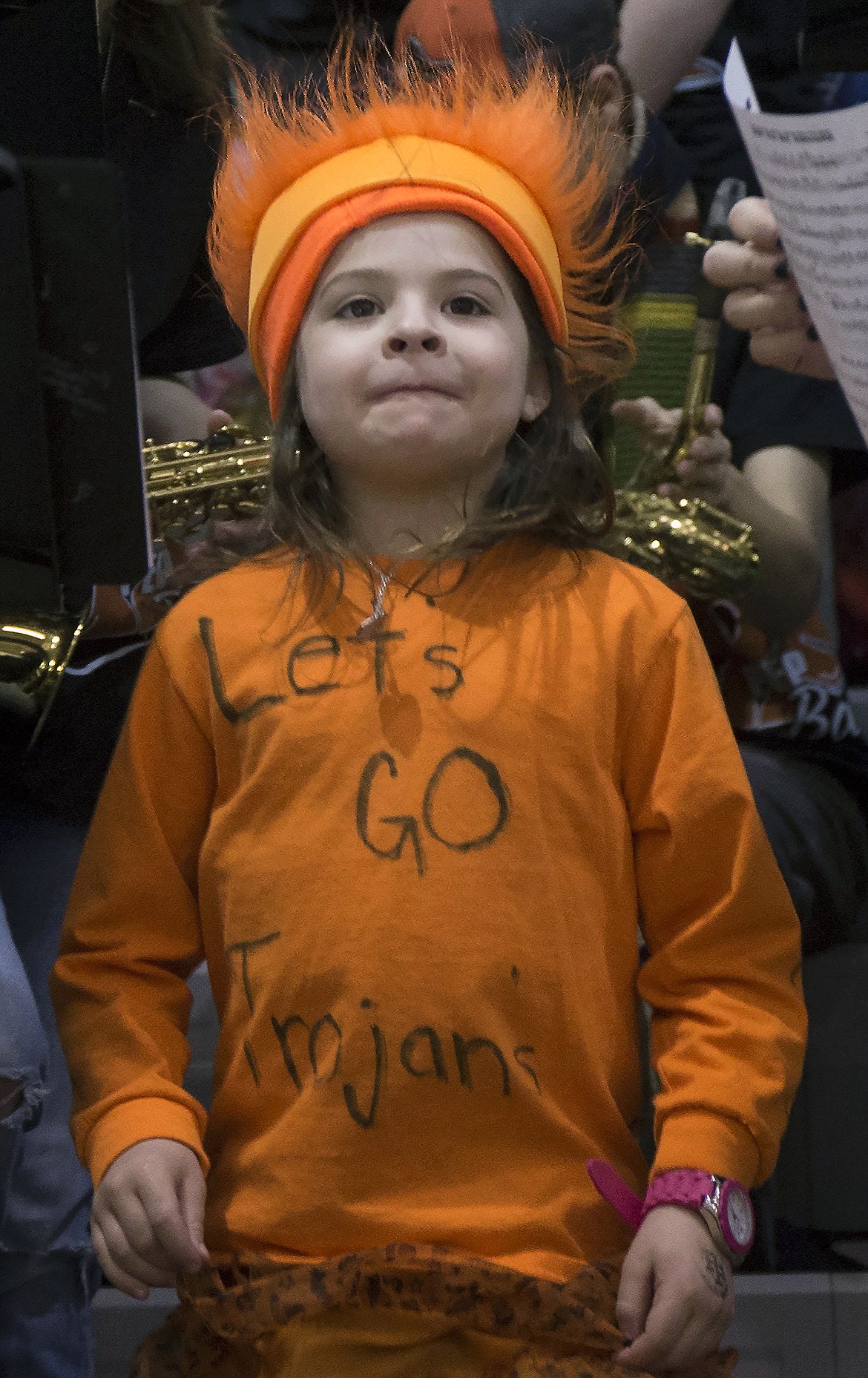 LISA JAMES/ PressA young Post Falls fan shows her team spirit during the boys varsity State 5A Region 1 championship game against Lewiston at Post Falls High School on Tuesday night. Post Falls lost to Lewiston, 48-51.