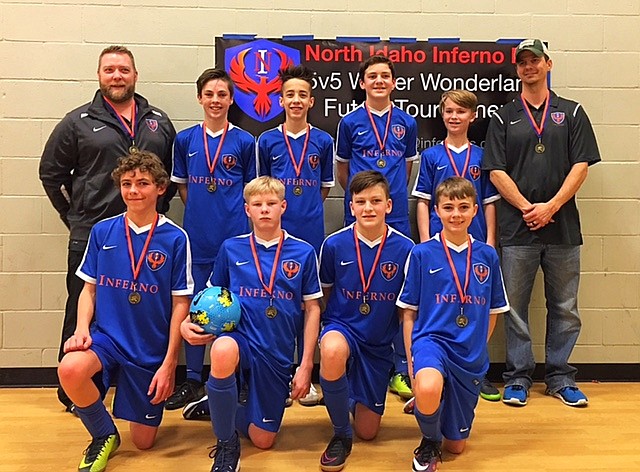 Courtesy photo
The Inferno under-14 boys soccer team took first place at the 5 V 5 Winter Wonderland futsal tournament. Matt McLeod had 9 scores. Logan Koller scored 7 points. Caleb Calkins had 7 scores. Alex Peters had 4 scores. Alex Moate scored 3 points. Ethan Johnson scored 3 points, Josh Nilson 2 points. Kobe Miller 1. In the front row from left are Alex Peters, Alex Moate, Kobe Miller and Ethan Johnson; and back row from left, coach Carey Calkins, Logan Koller, Caleb Calkins, Matt McLeod, Josh Nilson and coach Dave Johnson.