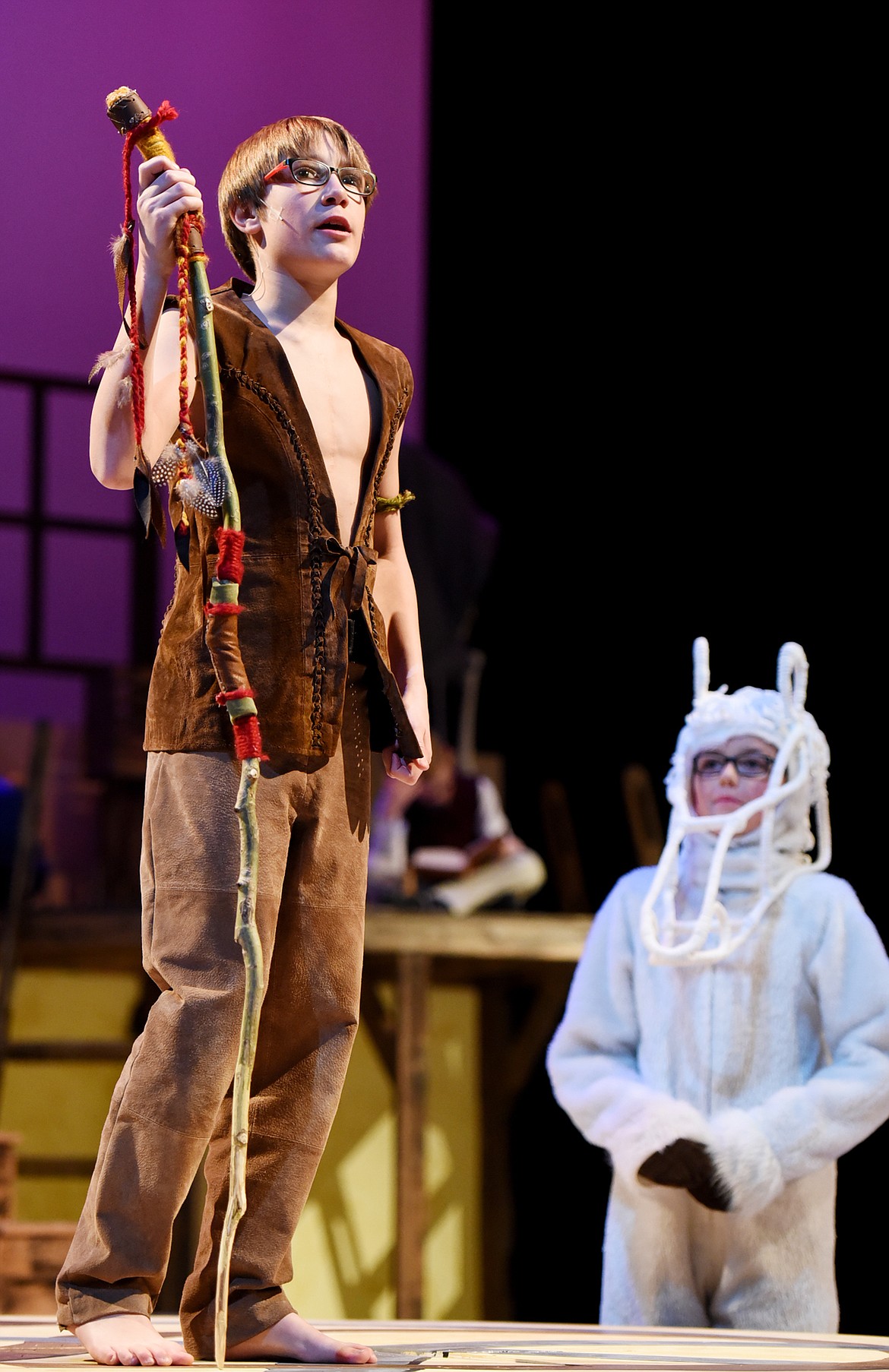 FINLEY SCHUMACHER-SUNDBERG as Atreyu a dress rehearsal for &#147;The Neverending Story,&#148; Tuesday, Feb. 21, at the O&#146;Shaughnessy Center. In the background is Atreyu&#146;s horse, played by Bauer Hollman. (Brenda Ahearn/This Week in the Flathead)