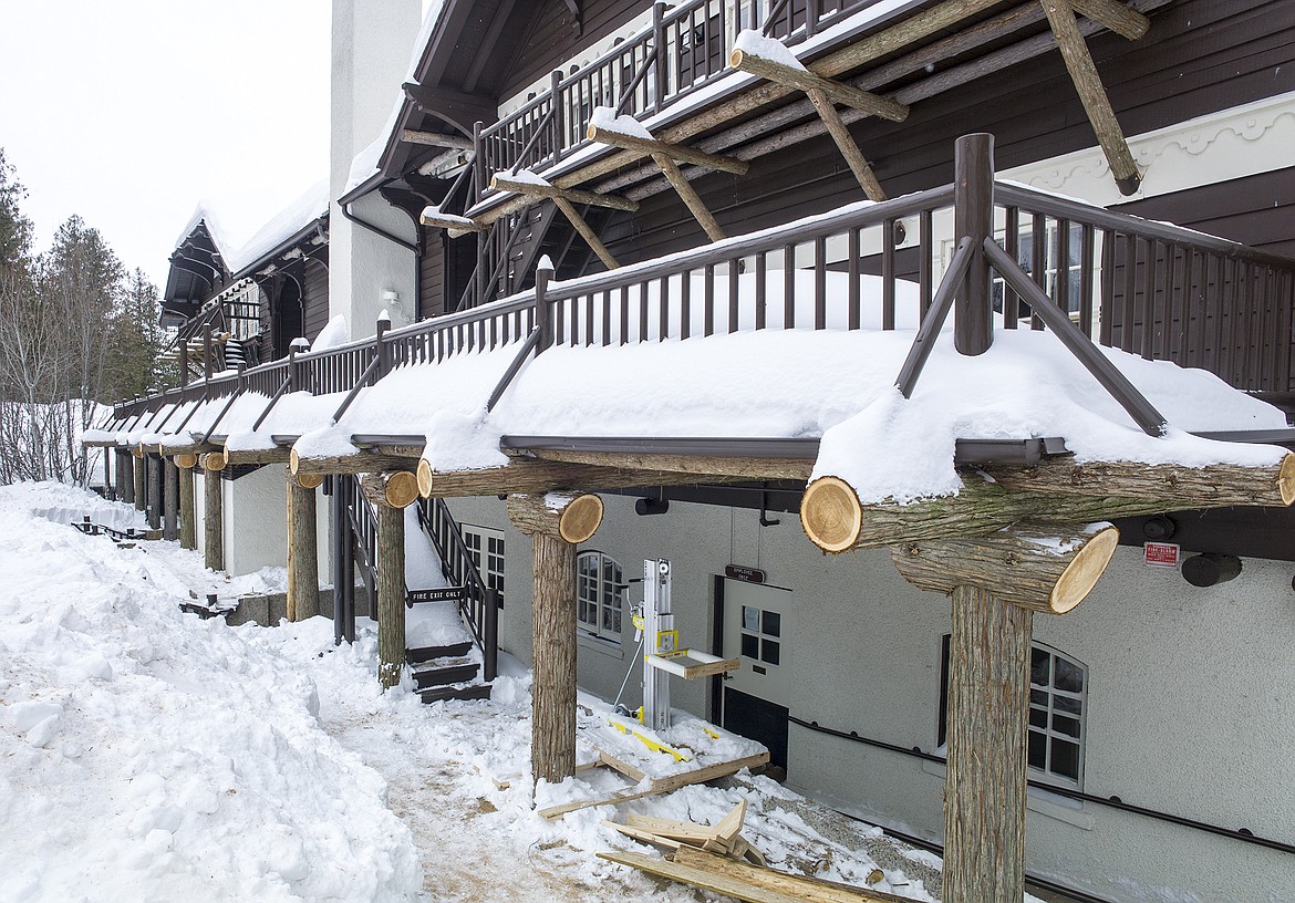 NEW LOGS adorn the front of Lake McDonald Lodge.