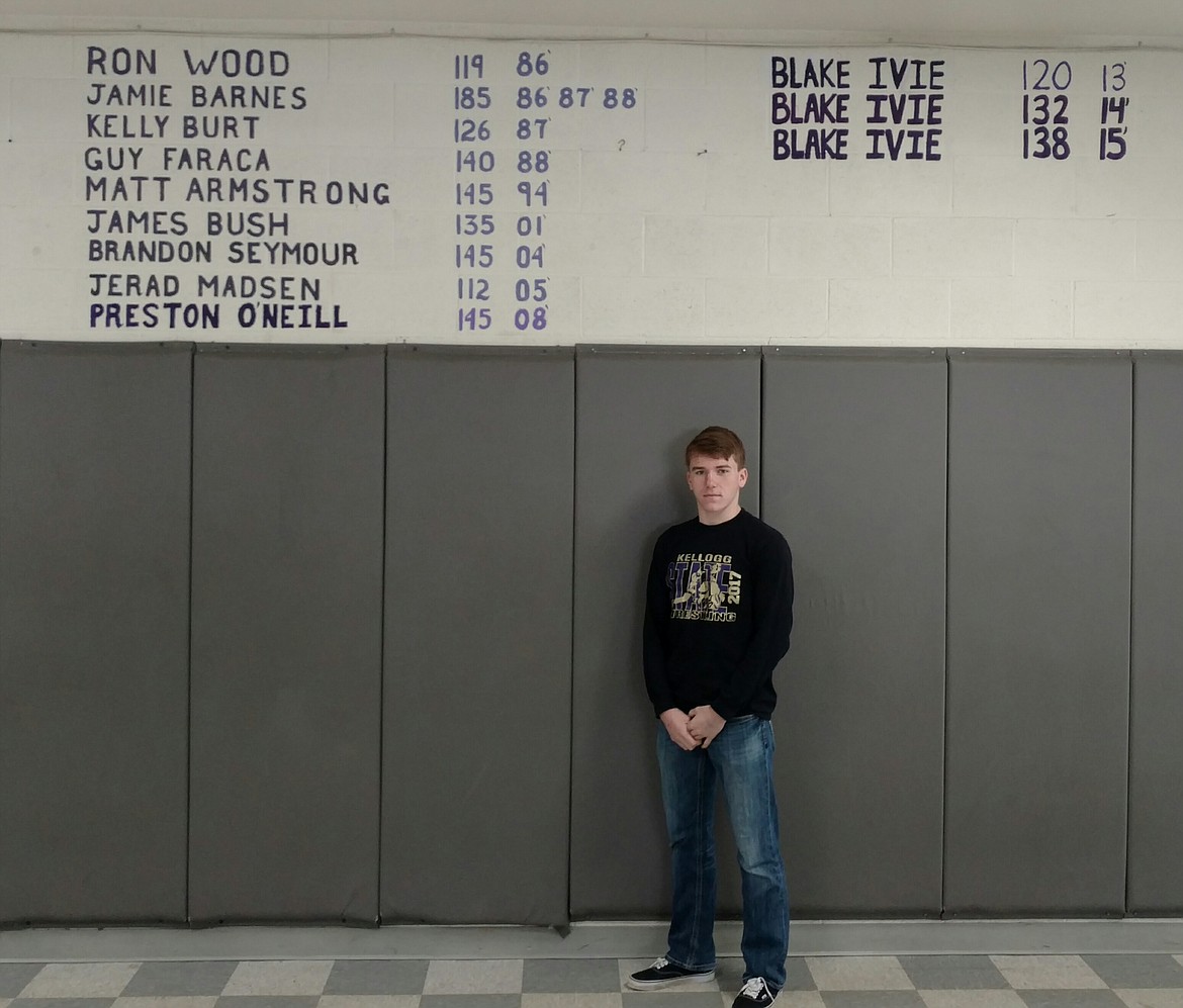 Photo by Josh McDonald
Tanner Figueroa stands in front of the championship wall in the wrestling room at Kellogg High School on Monday. Figueroa's name will now be on the wall forever as a Kellogg champion.