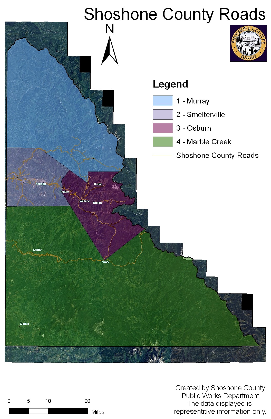 Courtesy of Shoshone County. 
Map of the Shoshone County road districts.