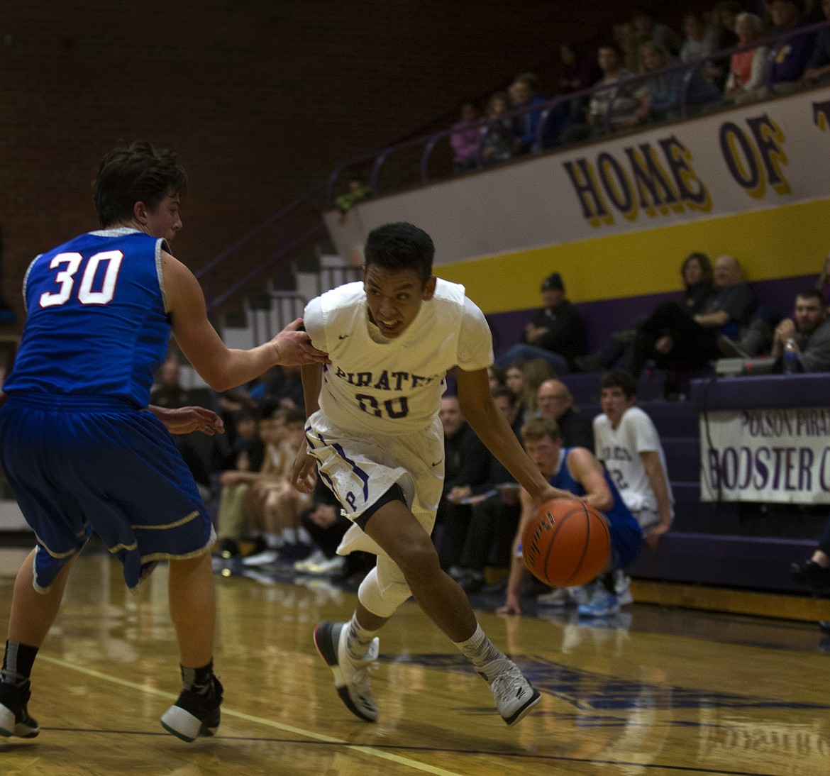 POLSON GUARD Jaydon Bautista drives to the basket in the Feb. 9 contest against Bigfork at Linderman Elementary School. Prior to this season, Bautista has never played on a varsity roster.  (Jeremy Weber/Lake County Leader)