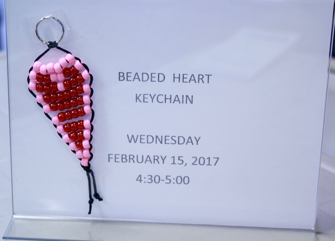 A COMPLETED sample of the Beaded Heart key chain at the Plains Public Library.