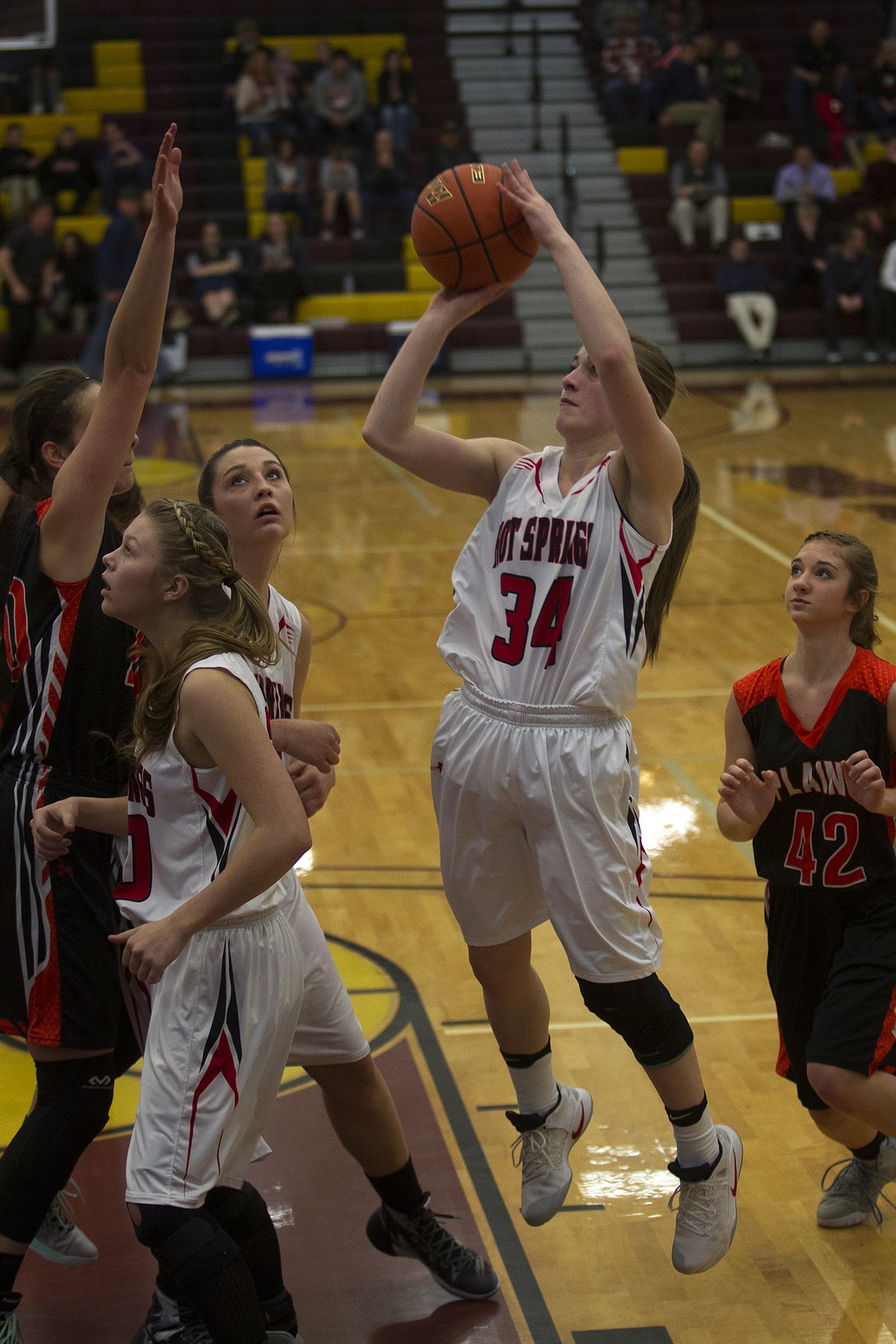 Hot Springs guard Karly Lawson goes up for a shot against Plains in the opening round of the District 14C Tournament in Plains Thursday (Jeremy Weber/Clark Fork Valley Press)