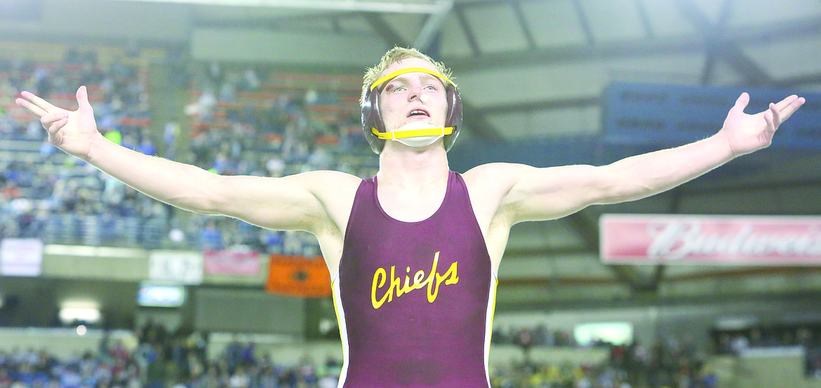 Connor Vanderweyst/Columbia Basin Herald
Moses Lake&#146;s Hunter Cruz celebrates after his state semifinal victory.