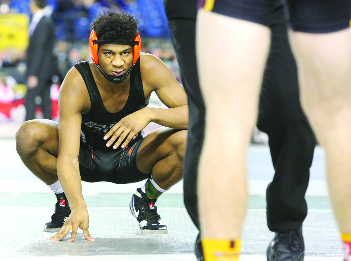 Connor Vanderweyst/Columbia Basin Herald
Battle Ground&#146;s Izaiah Duran prepares for his championship match against Moses Lake&#146;s Hunter Cruz.