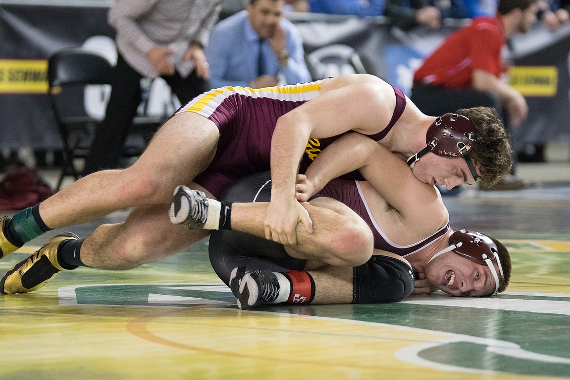 Kennady Schlagel/courtesy photo
Moses Lake 182-pounder Daiman Vasquez works from the top position.