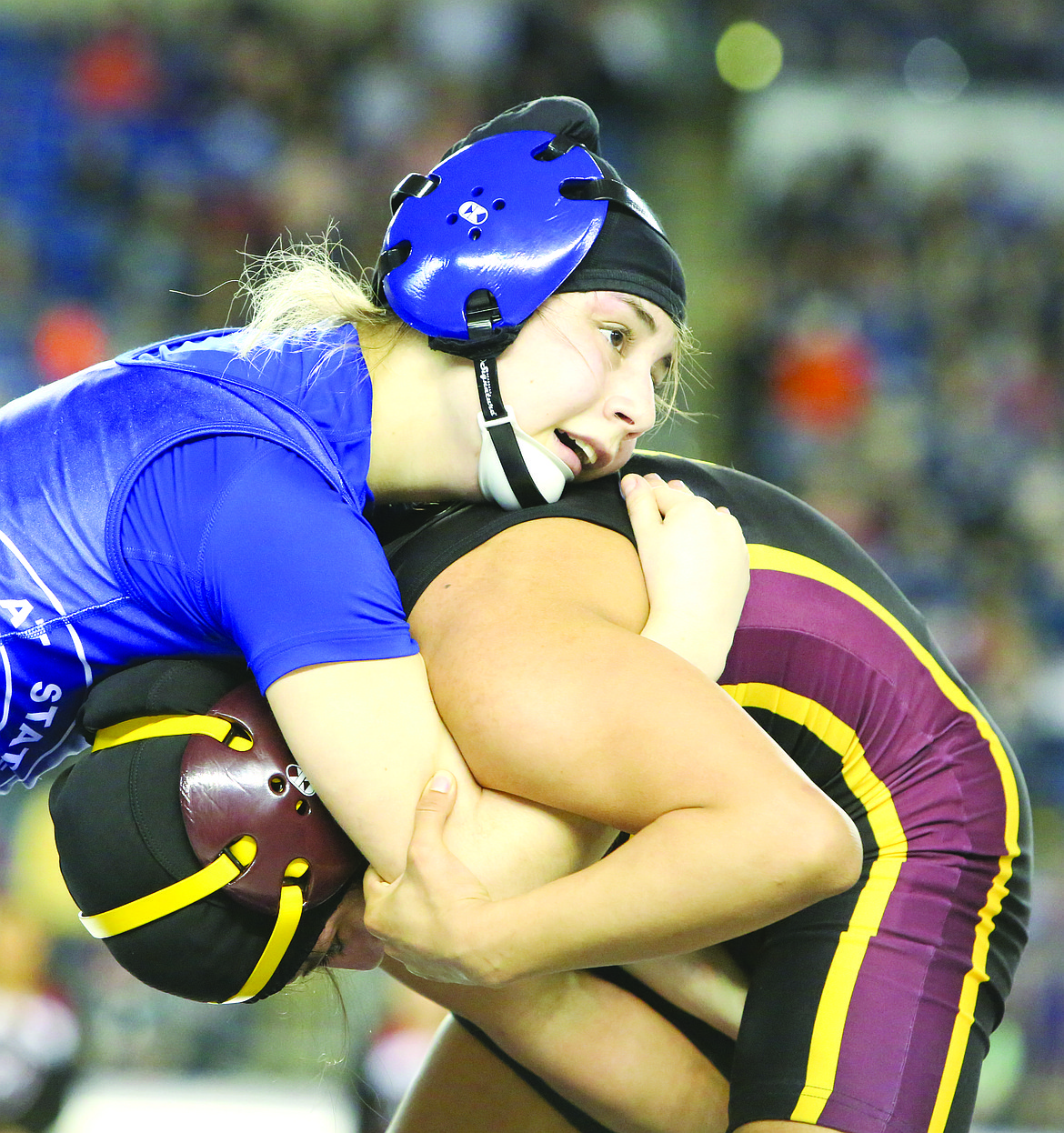 Connor Vanderweyst/Columbia Basin Herald
Warden&#146;s Aaliyah Escamilla hangs on to Moses Lake&#146;s Melanie Flores in the third/fourth place match.