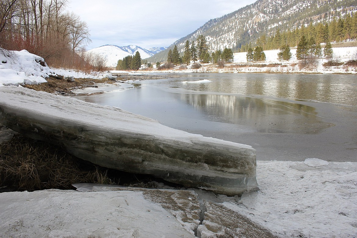 Ice is breaking up on the Clark Fork River as the weather gets warmer. (Kathleen Woodford/Mineral Independent).