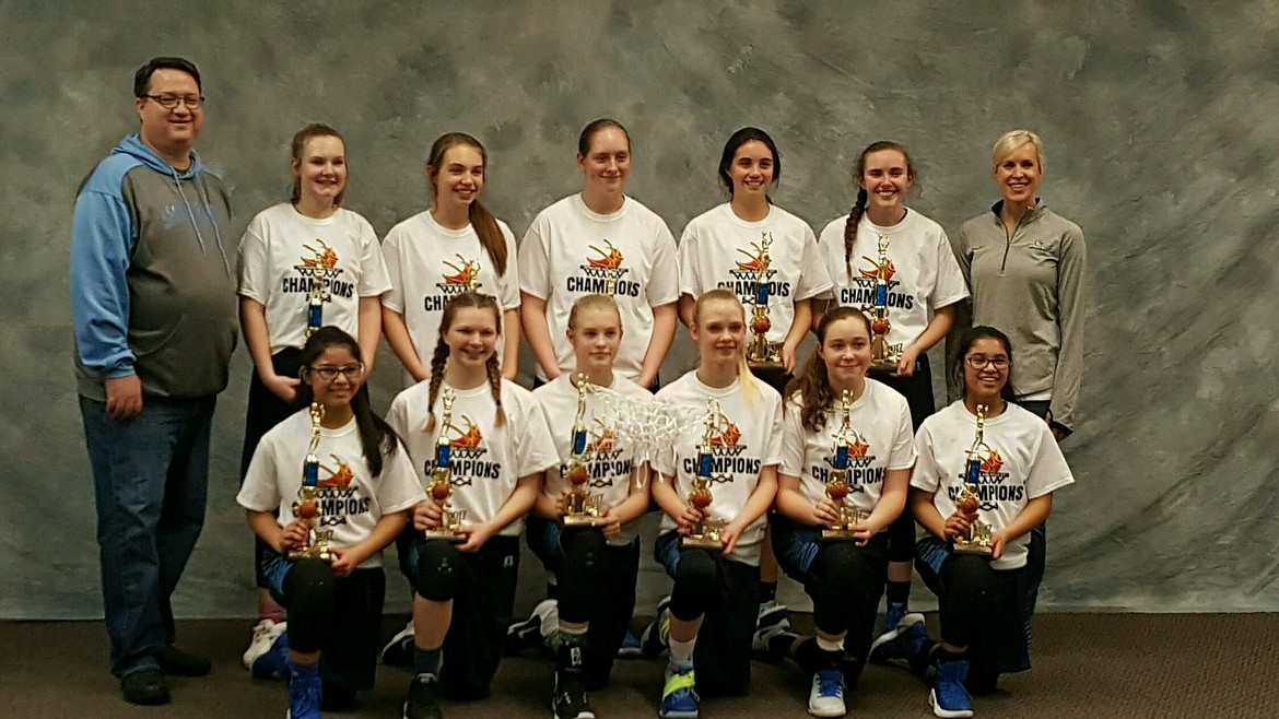 Courtesy photo
The Spokane Stars girls basketball team, which included several North Idaho players, went 12-0 and took first place in the Spokane AAU League (8th grade division), which concluded Feb. 19. The Stars also won the Spokane AAU Shootout Spring Classic on Feb. 25-26. In the front row from left are Rowan Cusack (Post Falls), Sorrel Aldendorf, Maddie Jean (MJ) Bruno, Mataya Green, Linnea Schafer and Riley Cusack (Post Falls); and back row from left, coach Steve Ranniger, Lauren Taylor, Ella Damon (Hayden Lake), Brooke Jessen (Spirit Lake), Chloe Williams, Hannah Johnson (Hayden) and assistant coach Holly Haneke.