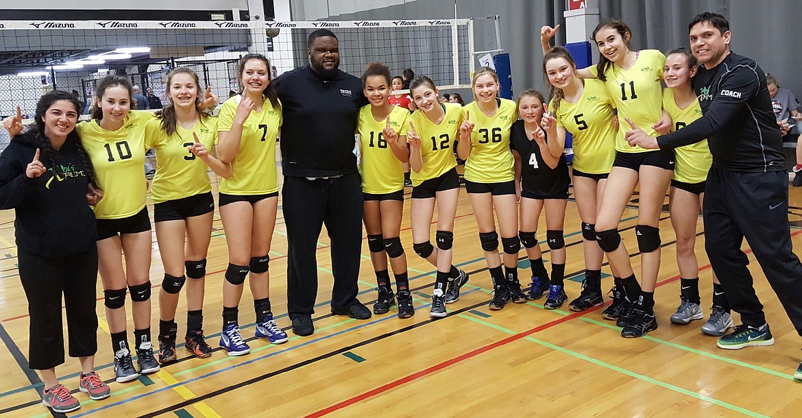 Courtesy photo
The Volei Xtreme under-14 vollyeball team won the gold bracket at the Pete Bell Classic at the HUB Sports Center in Liberty Lake this past weekend. From left are coach Alayna South, Abbey Neff, Maya Blake, Leyah De Souza, trainer Frank Morton, Kyralyn Johnson, Berkeley Knight, Megan Dietz, Ellie Carlson, Daphne Carroll, Katy Ryan, Olivia Cooper and coach Adriano De Souza.