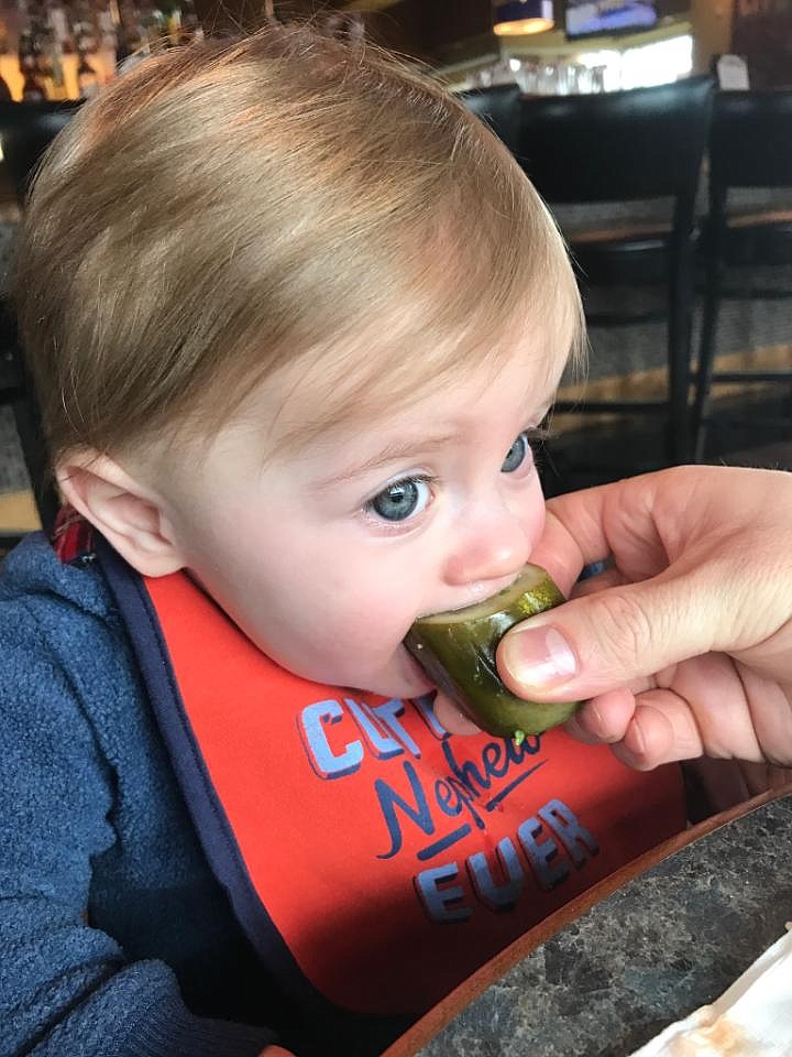 Courtesy photo
Finn Eachon, 1, great grandson of Vic Eachon, takes a bite of a pickle the day after the auction where his Grampa Vic's pickles were auctioned, for the NICS,  (school at the Anthem Friends Church in Hayden).