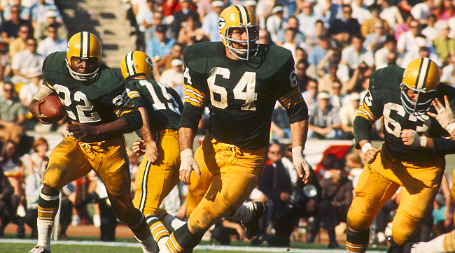 (Photo by James Flores/Getty Images)
Jerry Kramer, who played for Sandpoint High School and the University of Idaho, pulls for a lead block in Super Bowl I, the first of two consecutive Super Bowl wins for the legendary Packer guard and kicker. Kramer was a key player in some of the most iconic moments in the NFL during the 1960s.