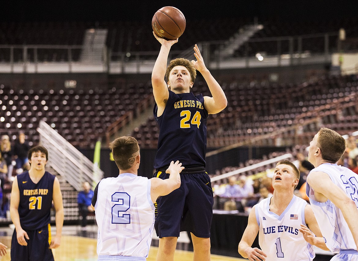 LOREN BENOIT/PressGenesis Prep guard Jonny Hillman shoots for the basket during the 1A DII championship game against Dietrich Saturday morning at the Ford Idaho Center in Nampa. Hillman scored 29 points to propel Genesis Prep in their 68-62 win over Dietrich.