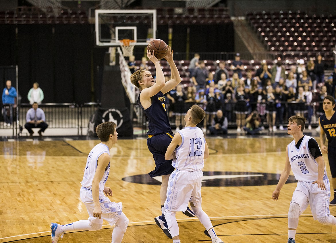 LOREN BENOIT/Press

Jake Shelton shoots a contested two-pointer in the first half of Saturday&#146;s game against Dietrich.