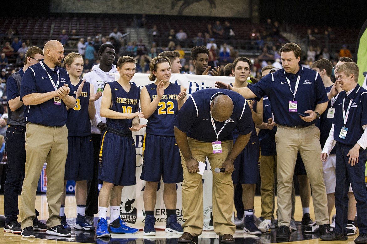 LOREN BENOIT/PressGenesis Prep Head Coach Marsell Colbert is overcome with emotion as he addresses the crowd in the Ford Idaho Center after defeating Dietrich  68-62 to win the 1A DII title.