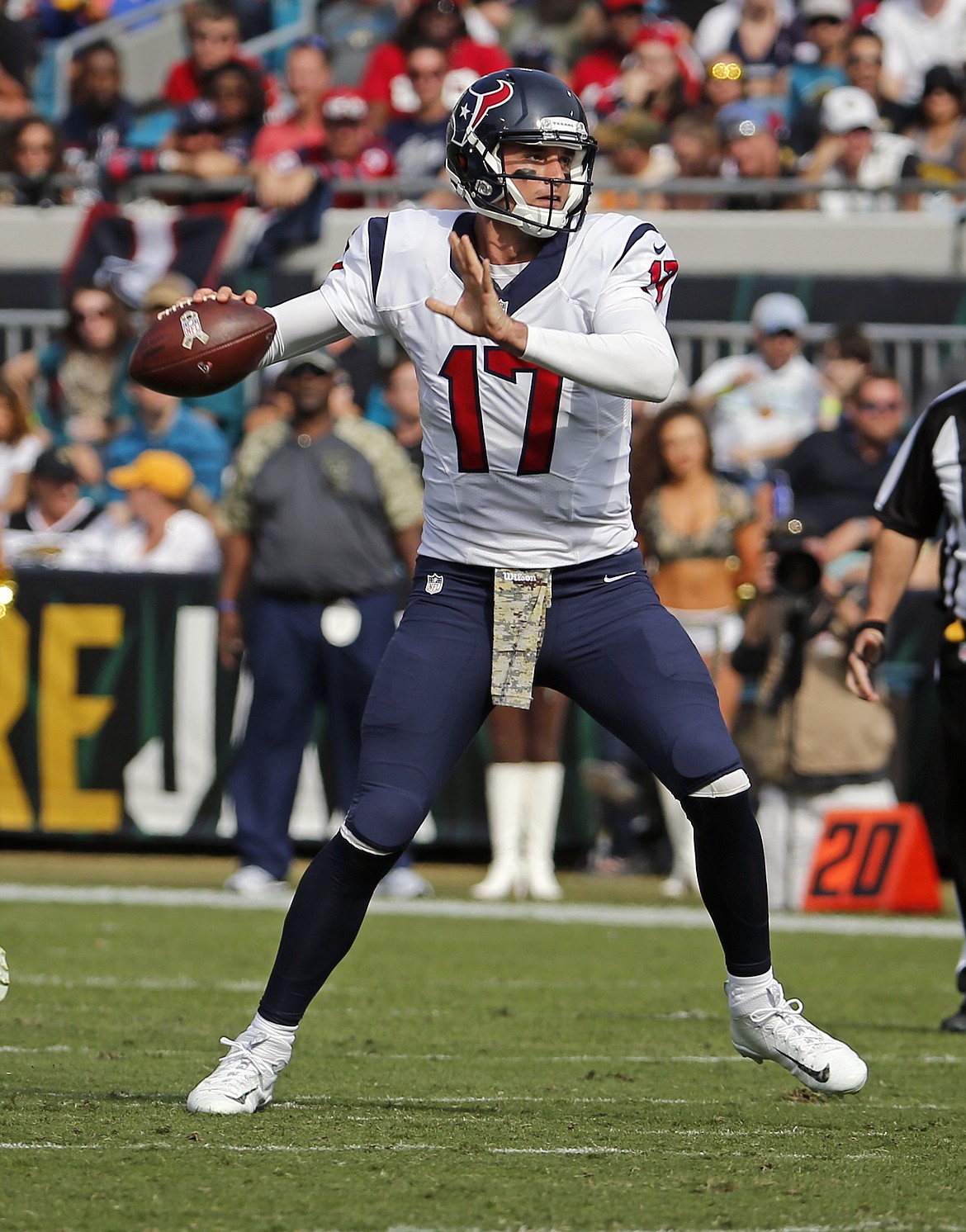 FILE - In this Nov. 13, 2016, file photo, Houston Texans quarterback Brock Osweiler prepares to throw a pass against the Jacksonville Jaguars during an NFL football game in Jacksonville, Fla. The texans take on the Oakland Raiders in Mexico City on Sunday. (AP Photo/Stephen B. Morton, File)