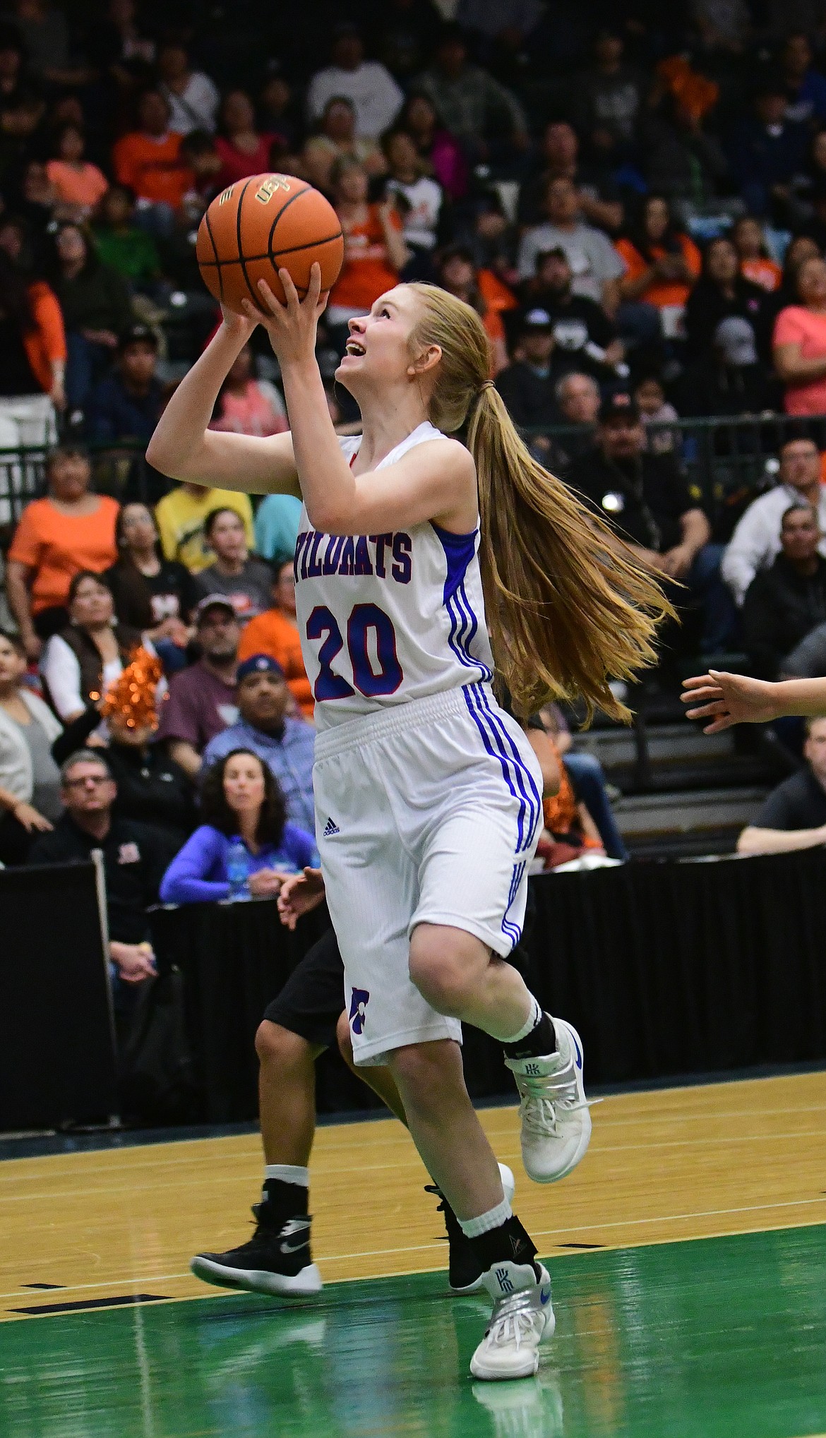 Columbia Falls Cydney Finberg with a shot against Hardin to break a Bulldog 8-0 lead the in the first quarter of the state A playoffs in Butte Saturday.