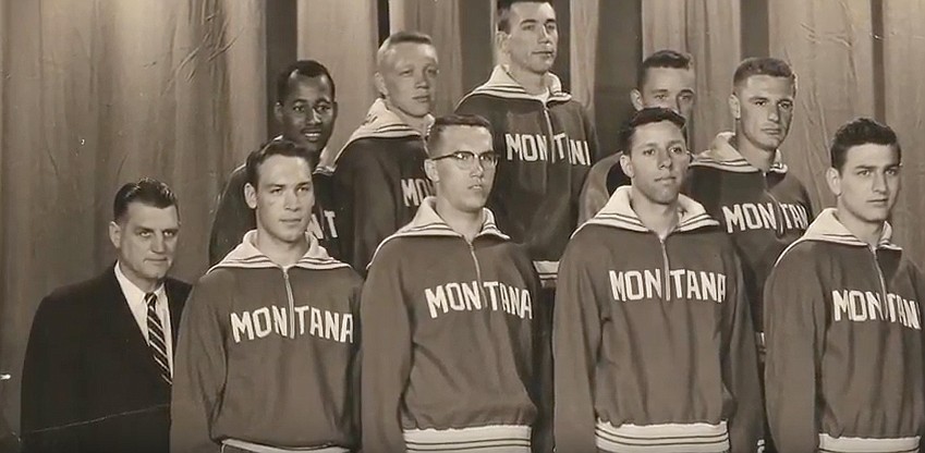 Zip appears in a team photo with the University of Montana Grizzlies basketball team. (Courtesy Raella Rhoades)