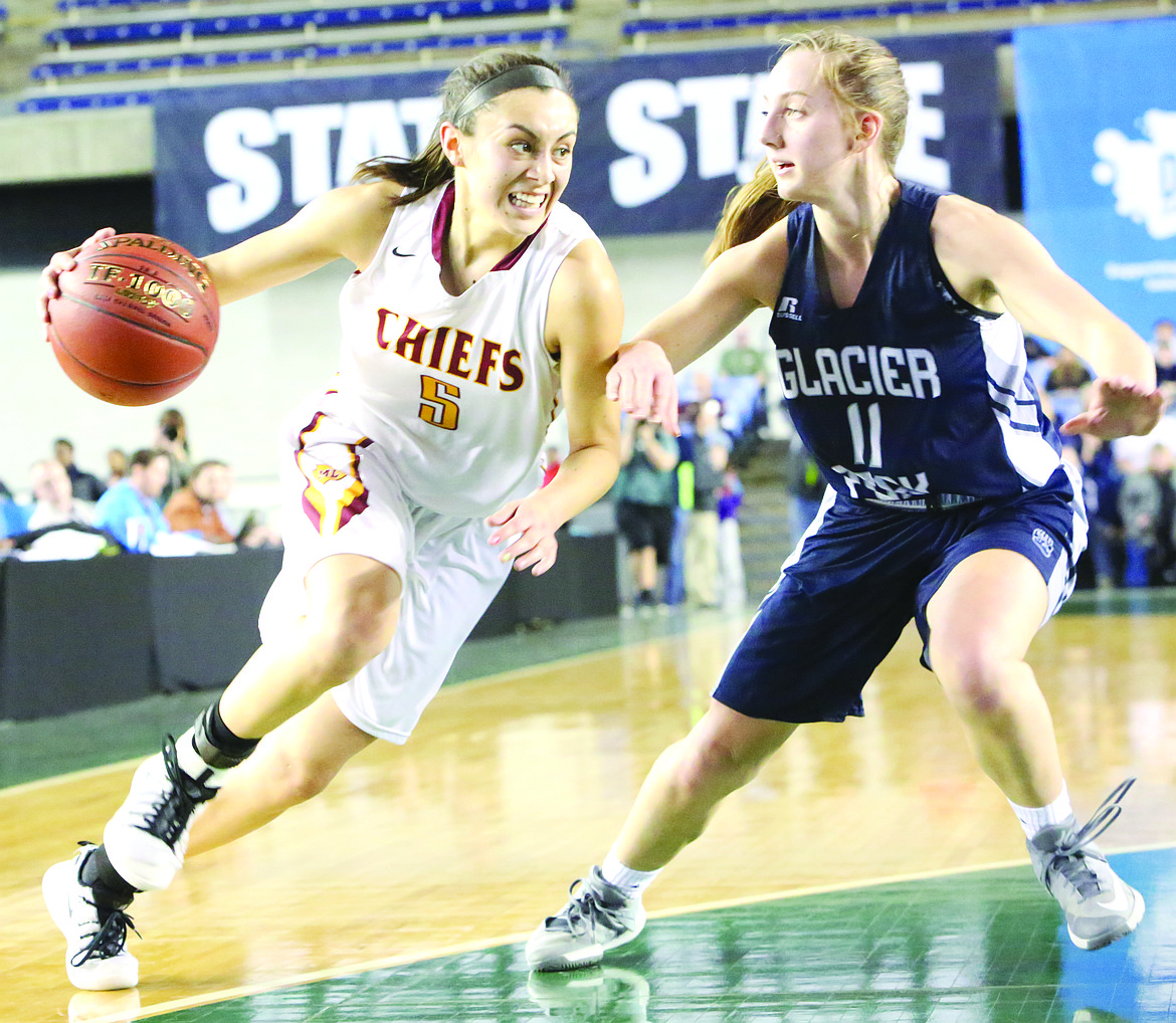 Connor Vanderweyst/Columbia Basin Herald
Moses Lake guard Jamie Loera drives the ball against Glacier Peak.