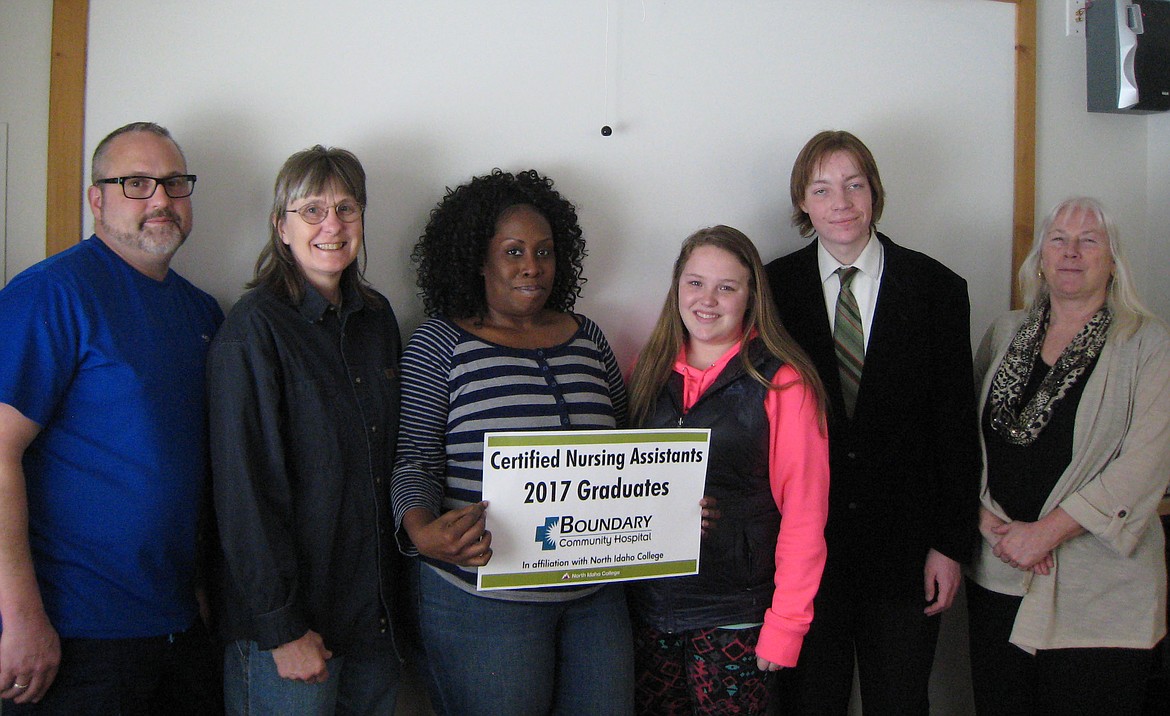 &#151;Courtesy photo
Boundary Community Hospital and North Idaho College announced the graduation of the winter semester Certified Nursing Assistants (CNA) class.  Pictured Left to right: Leland Schmitt, Kim Kimball, Lela Jackson, Paige Liermann, Jacob Fess and Instructor, Tracey Maas, RN.