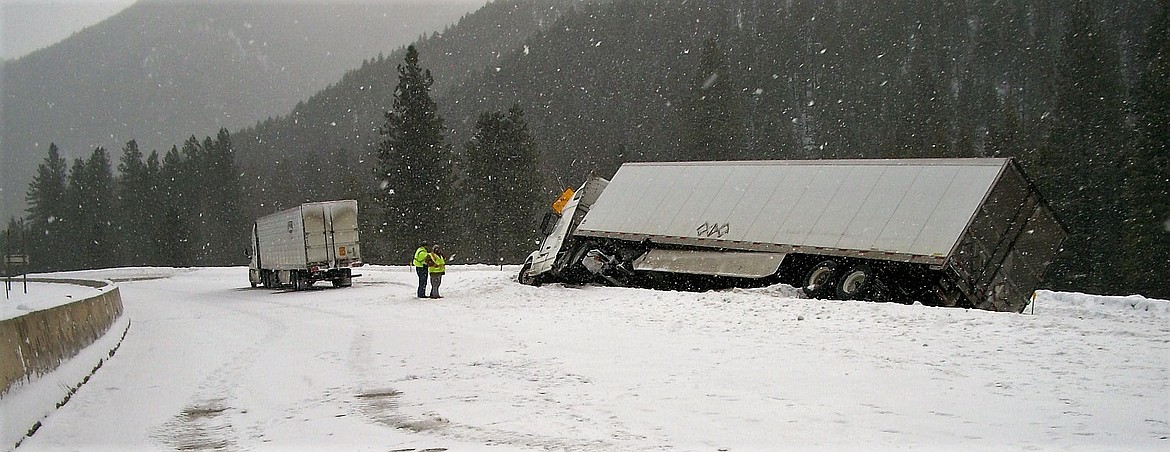 A truck carrying Energy Star drinks to Butte slid off the road near St. Regis on I90, Mar. 1. (Photo courtesy of Tim Read)