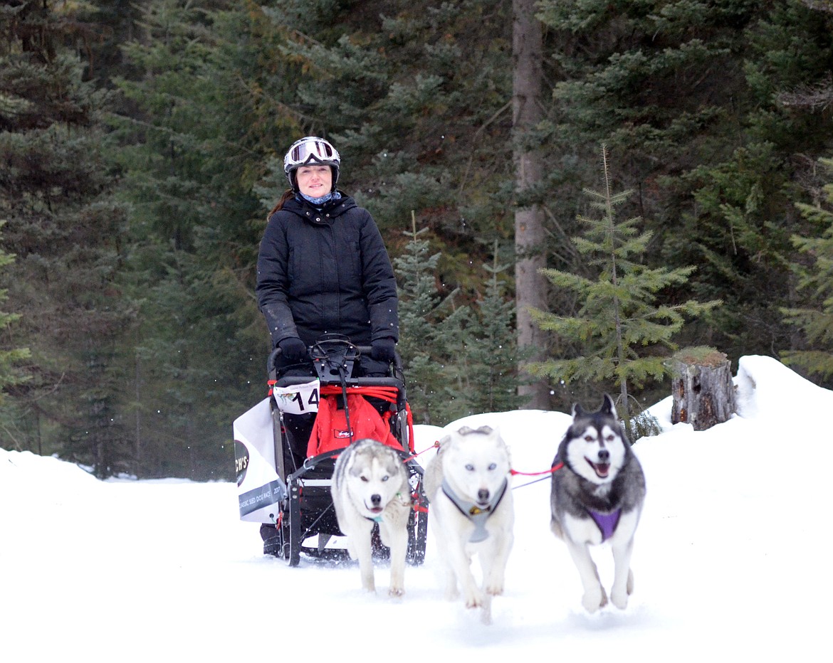 Kim Stanley of Canada leaves the starting line Saturday during the 5.5-mile race during the Flathead Classic Sled Dog Race at the Dog Creek Lodge west of Olney. (Heidi Desch/Whitefish Pilot)