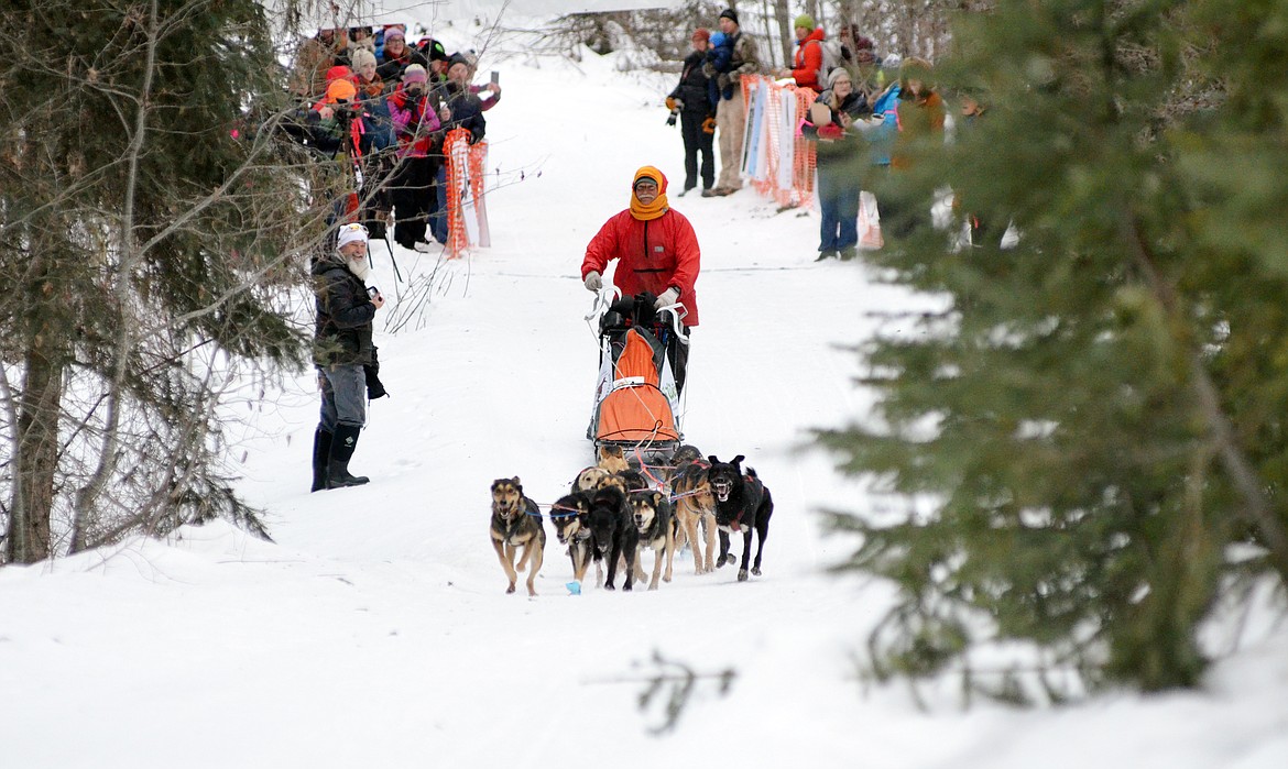 Jerry Bath of Wyoming leaves the starting line of the Flathead Classic Sled Dog Race Saturday at the Dog Creek Trailhead west of Olney. Mushers traveled from Olney to Polebridge and then returned Sunday in the 82-mile race. (Heidi Desch/Whitefish Pilot)