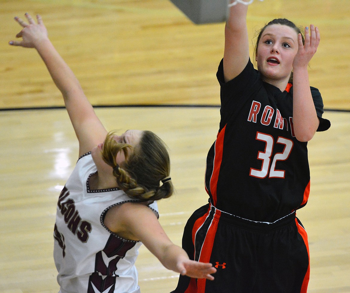 RONAN HIGH SCHOOL Hannah Moss shots a jump shot in the Western Class-C Divisional Championship against Florence Saturday night at the Ronan Events Center. (Jason Blasco/Lake County Leader)