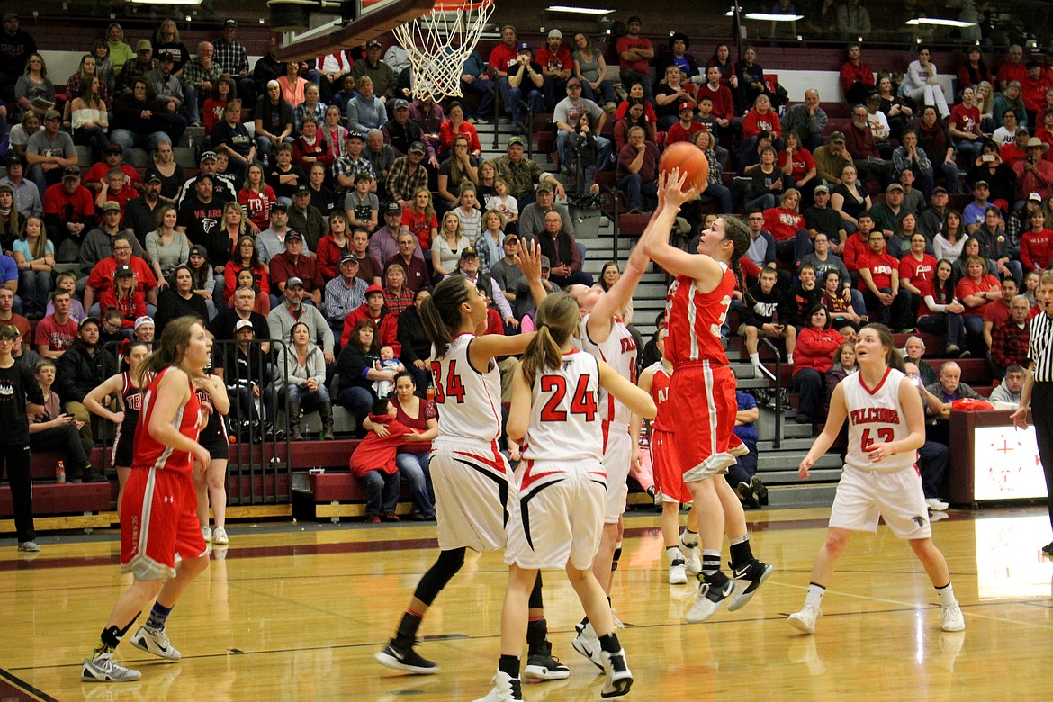 Arlee&#146;s Bryndle Goyins foes up for a jumper against Twin Bridges Saturday. (Kathleen Woodford/Lake County Leader)