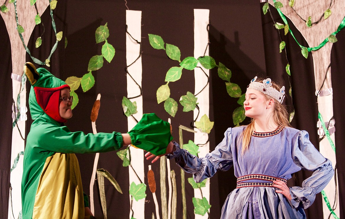 MOIRA LONERGAN, playing the Swamp Frog, meets and begins to make friends with Princess Proper, played by Jade Smith. (Douglas Wilks photos/Clark Fork Valley Press)