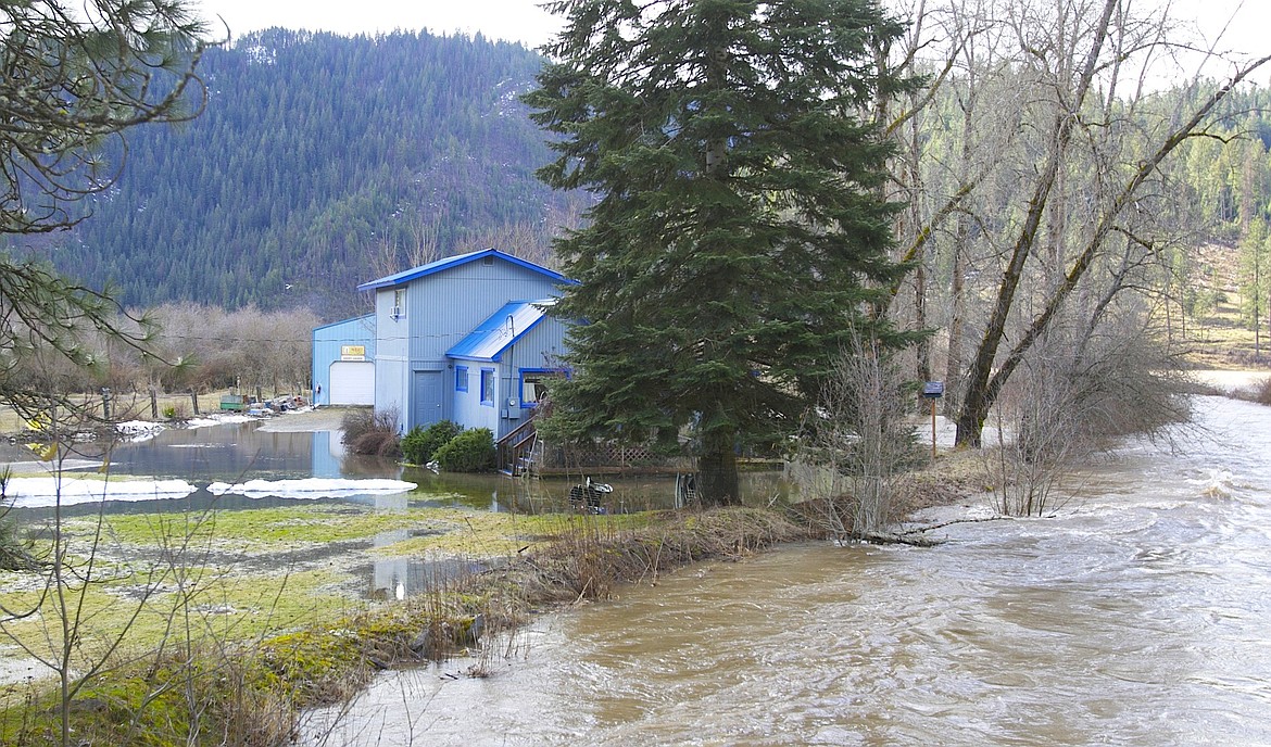 A flooded Wolf Lodge Creek surrounds a home near the intersection of Alder Creek and Wolf Lodge Creek roads on Thursday.