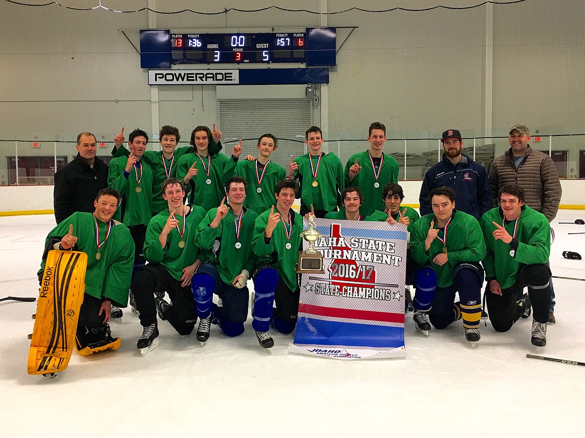 Courtesy photo
The North Idaho Midget Select team won the West Kootenay Rep Midget Hockey League in Canada with a 8-2-2 record, and the Idaho State Midget Championships, defeating the powerhouse Boise Junior Steelheads Midget AA team 5-3 in the championship game in front of a Boise home crowd. In the front row from left are Alex Eloe, Gavin Hewett, Paul Pierce, Marcel Epkey, Parker Gorrill, Mike Dippolito and Mason Hewett; and back row from left, Vince Hughes, Bear Hughes, Will Goggin, Harrison Smith, Stockton Raines, Cooper Hewett, Joe Reuter, Ty, Matthews and Reece Hewett.