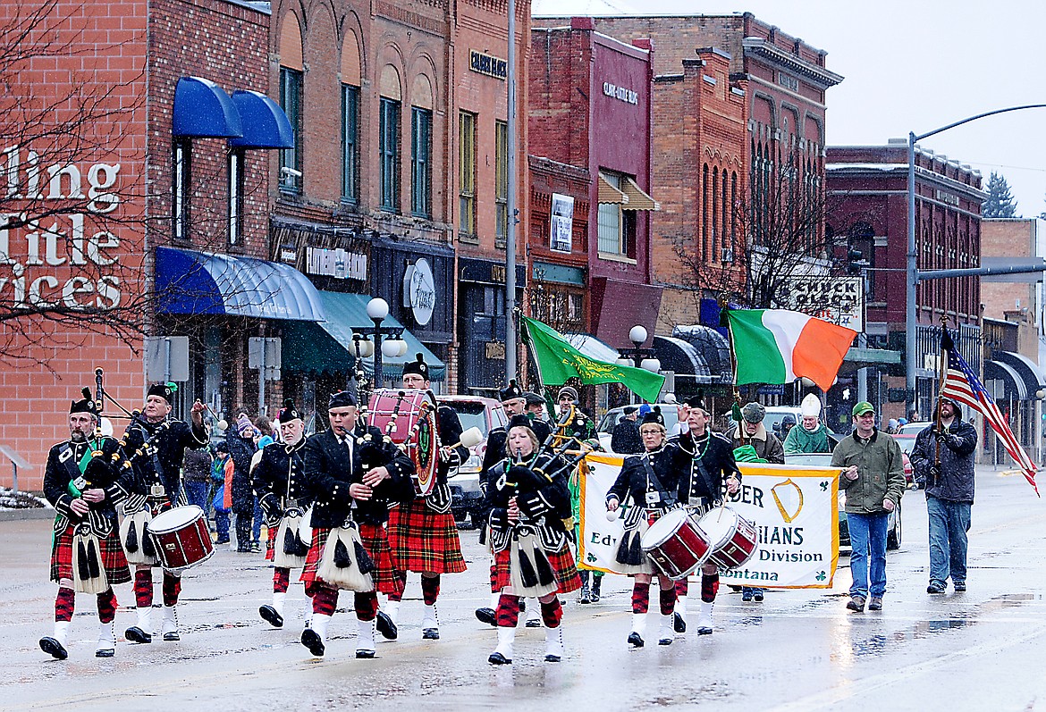 The Montana Highlanders Association Bagpipe Band takes part in the annual St. Patrick&#146;s Day Parade in downtown Kalispell in 2012. (Brenda Ahearn/This Week in the Flathead file photo)