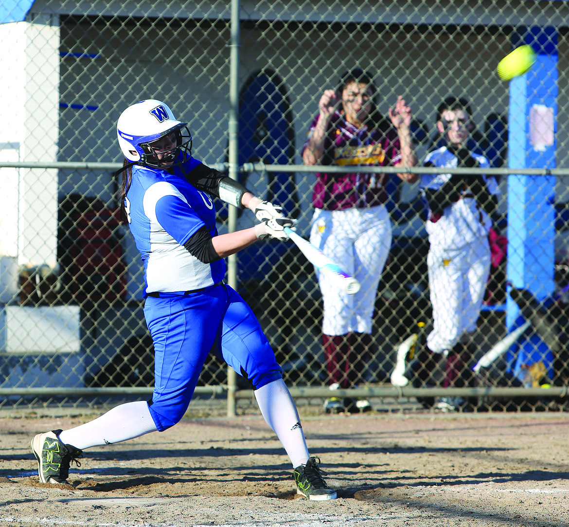 Connor Vanderweyst/Columbia Basin Herald
Warden's Jocelyn Chagoya connects on a two-run home run in the sixth inning.