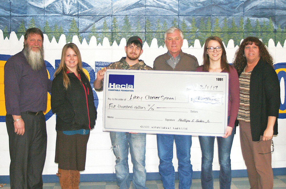 John Love, left, Libby teacher;  Kaide Dodson, Libby Schools Curriculum Director; Tyler Freeman, Charter School of Innovation student; Luke Russell, Hecla VP of External Affairs;  Terina Wilson, Charter School of Innovation student and Libby High School Principal Ruth VanWorth-Rogers.