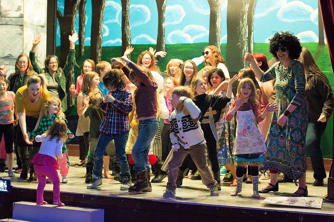 The entire cast and audience members joined Brooke Barnett, Kristina Solinger, Jessie Vaillancourt, and Ashley Schatz on stage during the finale, &#147;We are Family&#148; during the February Variety Show in Alberton. (Photo courtesy of PEAK Foundation).