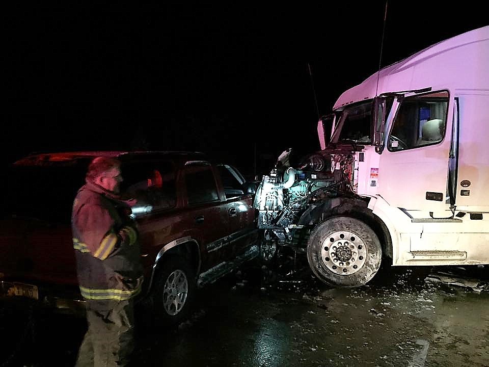 A truck driver was killed after his truck jackknifed on I-90 near Superior. He was out of his truck when a second vehicle hit him on March 6. (Photo courtesy of the Superior Volunteer Fire Department).