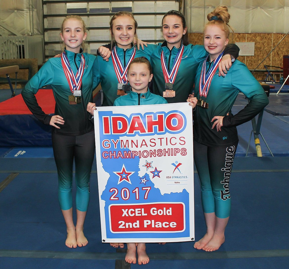 Courtesy photo
The Technique Gymnastics Xcel Gold team finished second with a score of 113.275 at the Xcel state competition March 10-12 in Boise. In the front is Mikalah Shouse; and back row from left, Rylee Strobel, Ana Pearse, Karsyn Crawford and Natalie Brett.