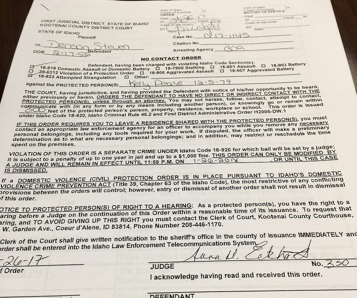 A no-contact order was issued by the court when Steven Denson posted bail after being charged in January with attacking Kelly Pease.