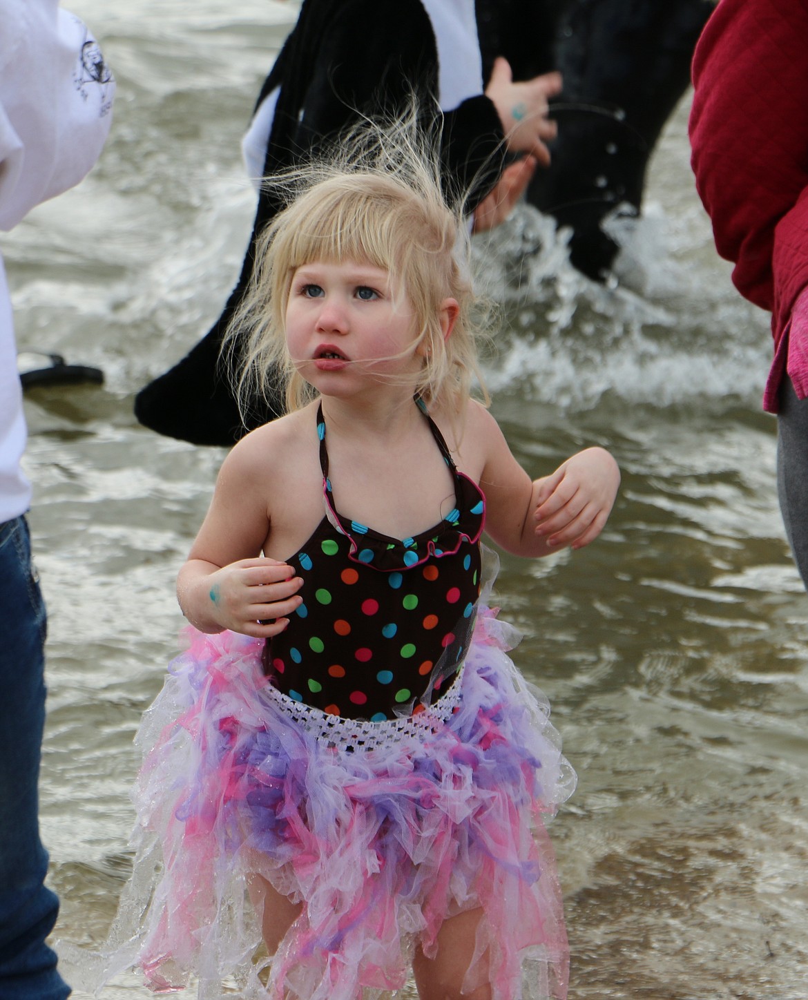 (Photo by MARY MALONE)
Aunnaleah Jennings, 3, of Sagle, was not too sure about the 43-degree lake water Saturday during the annual Penguin Plunge fundraising event at City Beach to benefit Idaho Special Olympics.