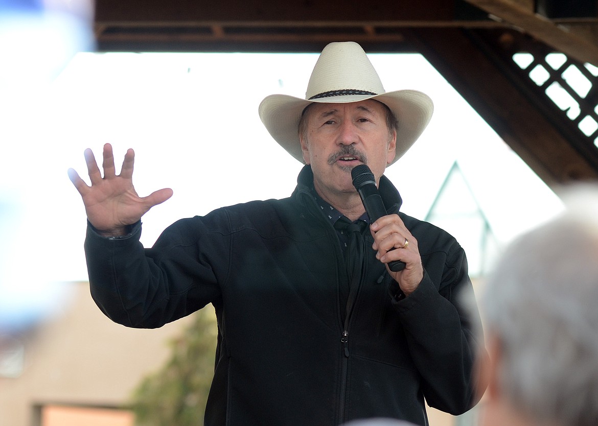 Rob Quist, Democrat candidate for the U.S. House in the upcoming special election, speaks at a public lands rally Saturday at Depot Park in Kalispell. (Matt Baldwin/Daily Inter Lake)